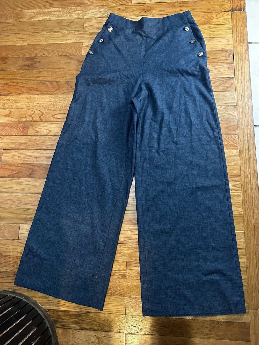 Zara Wide Leg Linen Blend Pants Chambray Hugh Waist Nautical Buttons Medium
